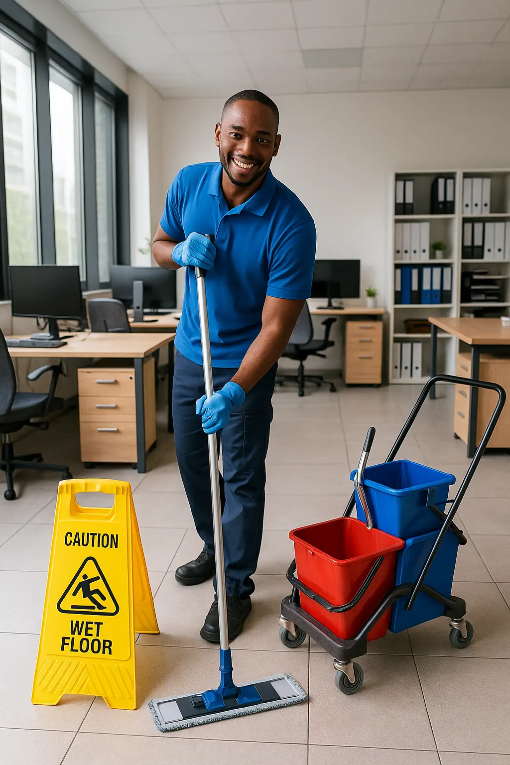 Commercial cleaning team servicing an open-plan office reception and lobby