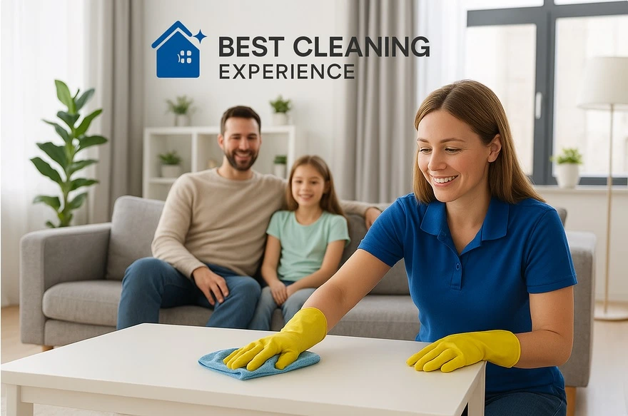 Professional cleaning team tidying a bright Miami living room with eco-friendly supplies