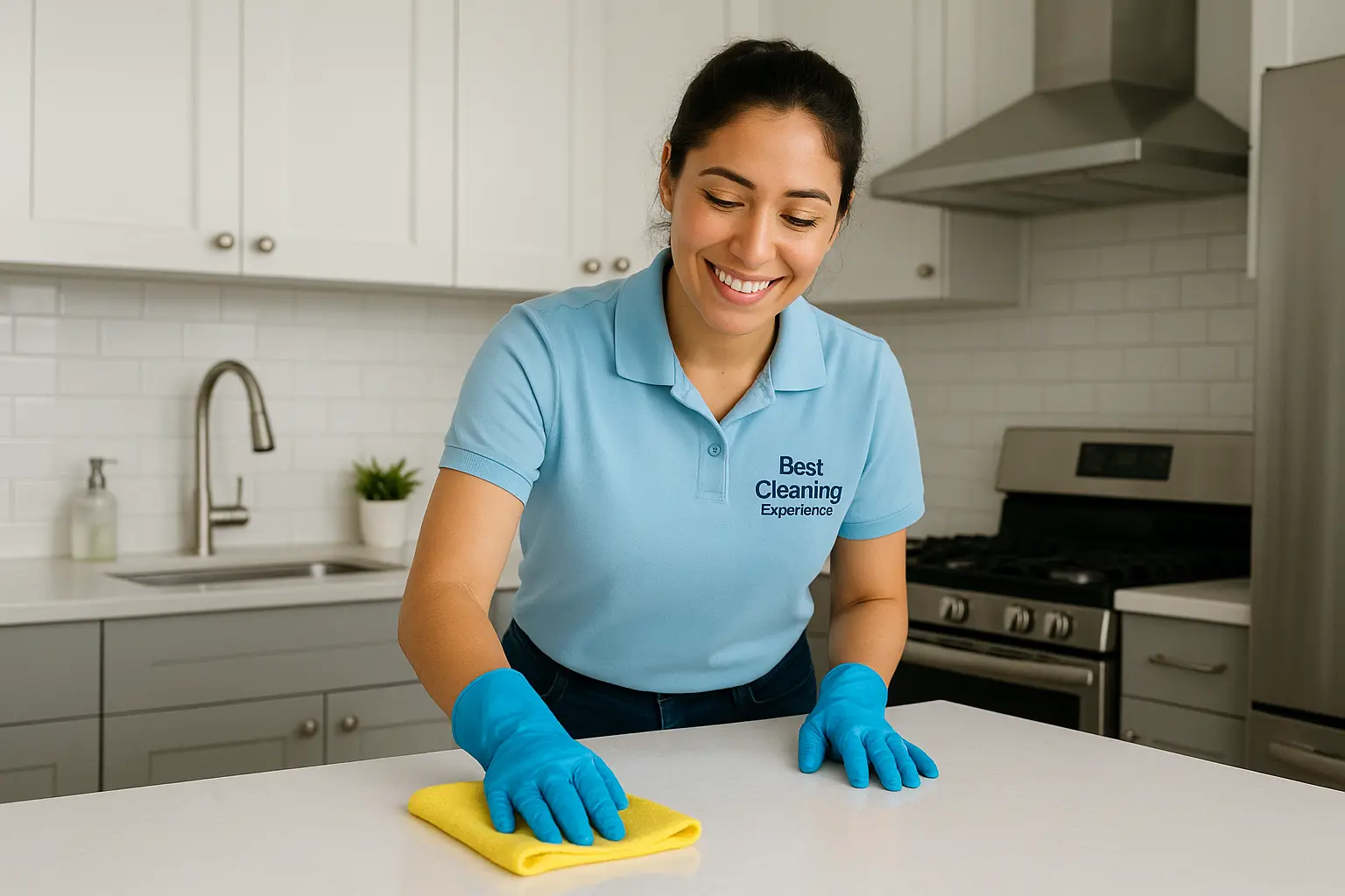After photo of a clean kitchen with sanitized counters and appliances