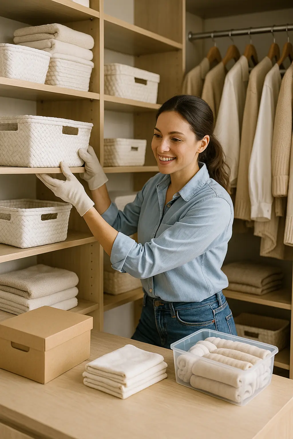 Organizador profesional etiquetando contenedores transparentes en un closet ordenado